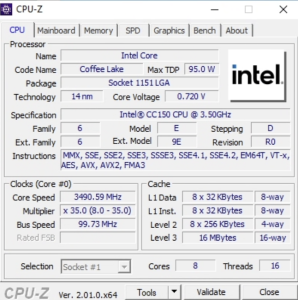 cc150 cpu z CPU‑Z — identificação do Intel CC150 (Coffee Lake Refresh, 8C/16T, all‑core 3,5 GHz)