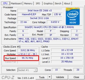 CPU‑Z showing bus clock slightly below 100 MHz