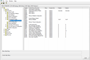 Hidden timings and memory-frequency menu visible in AMIBCP