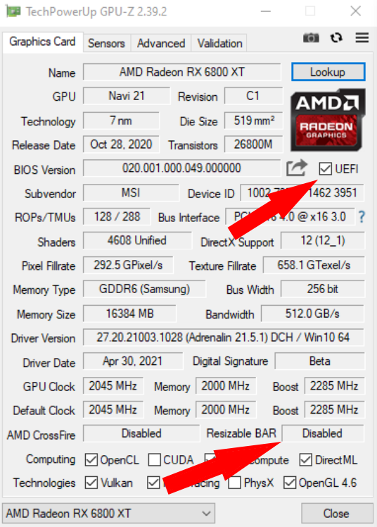 gpu z 2 GPU-Z window showing the UEFI checkbox ticked and Resizable BAR listed as Disabled before modding