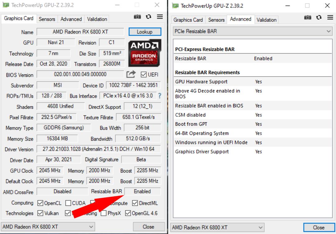 gpu z 3 GPU-Z window showing Resizable BAR as Enabled with every requirement marked Yes
