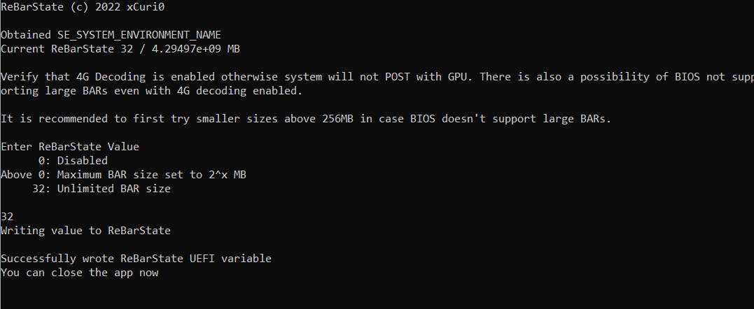 rebarstate ReBarState.exe running in a command prompt, entering the value 32 to request an unlimited BAR size