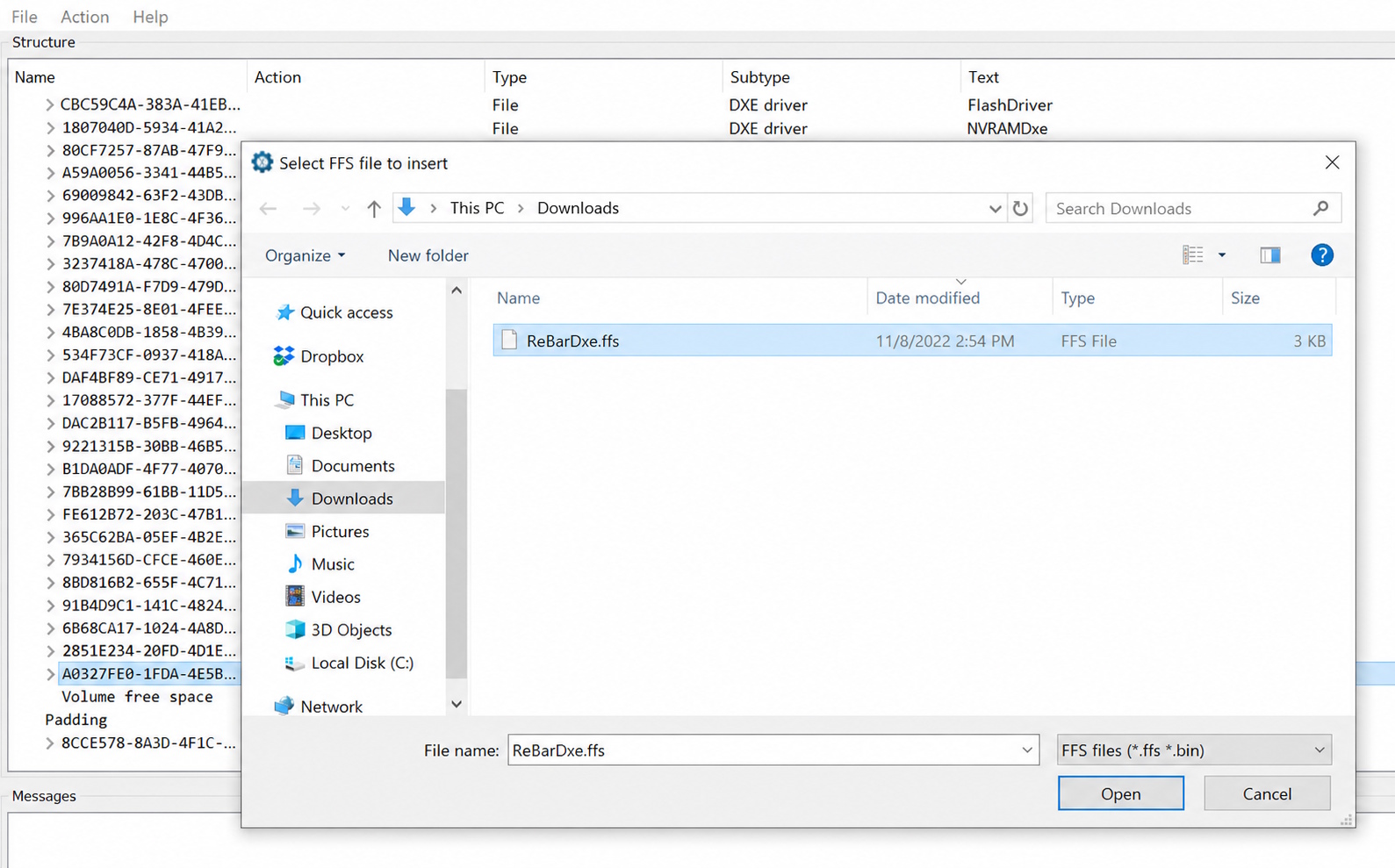 uefitool4 new UEFITool: selecting the ReBarDxe.ffs file to insert