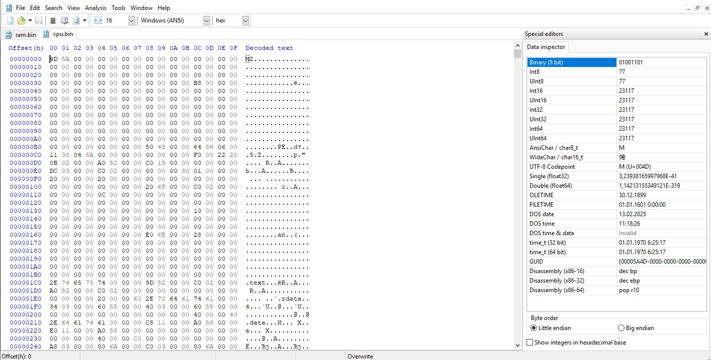 Extracted CPU module opened in hex editor