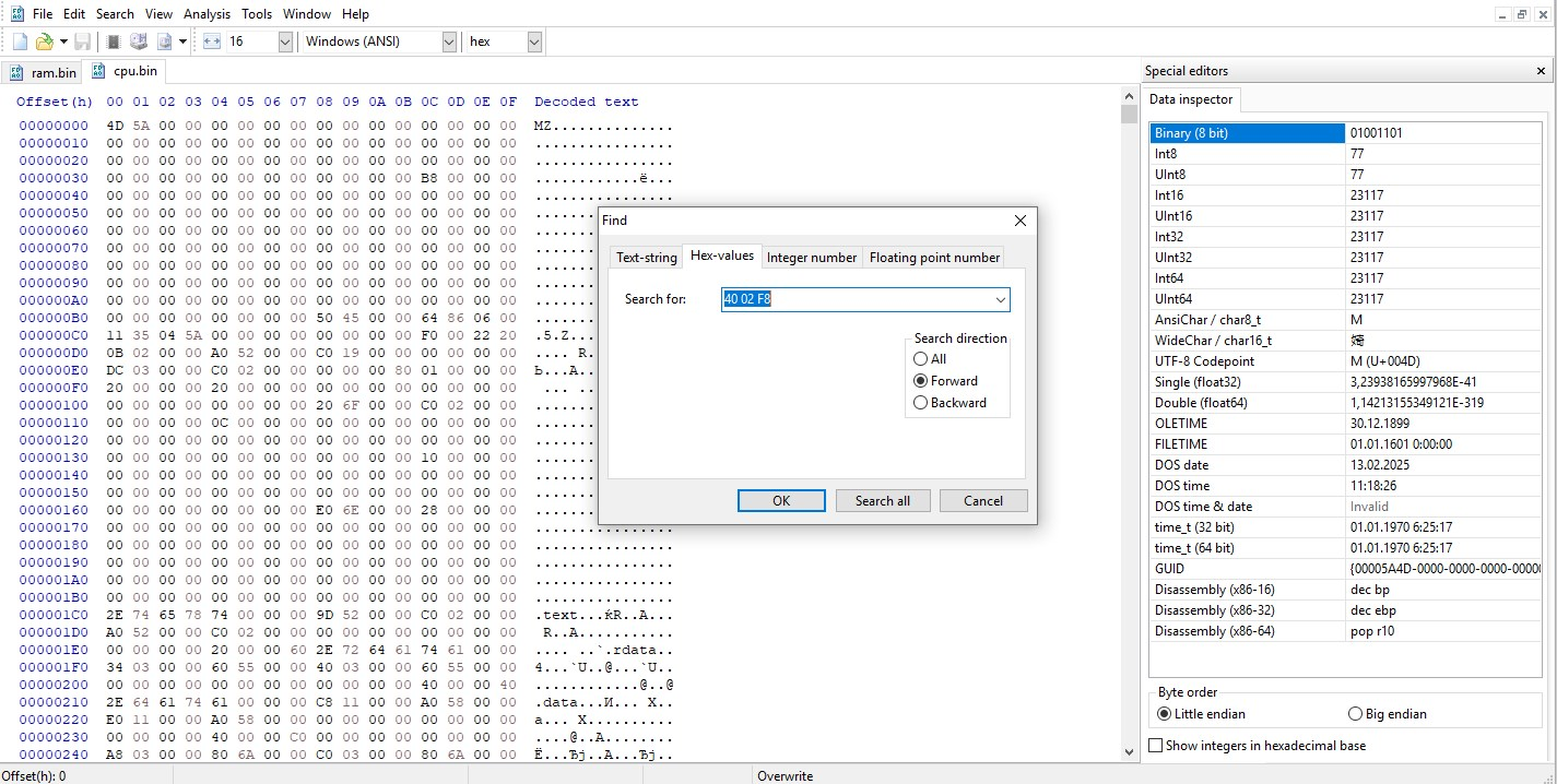 Searching for the hex pattern 40 02 F8