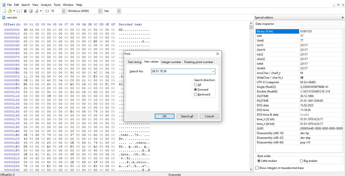 Searching for the hex pattern 3B D1 7E 06